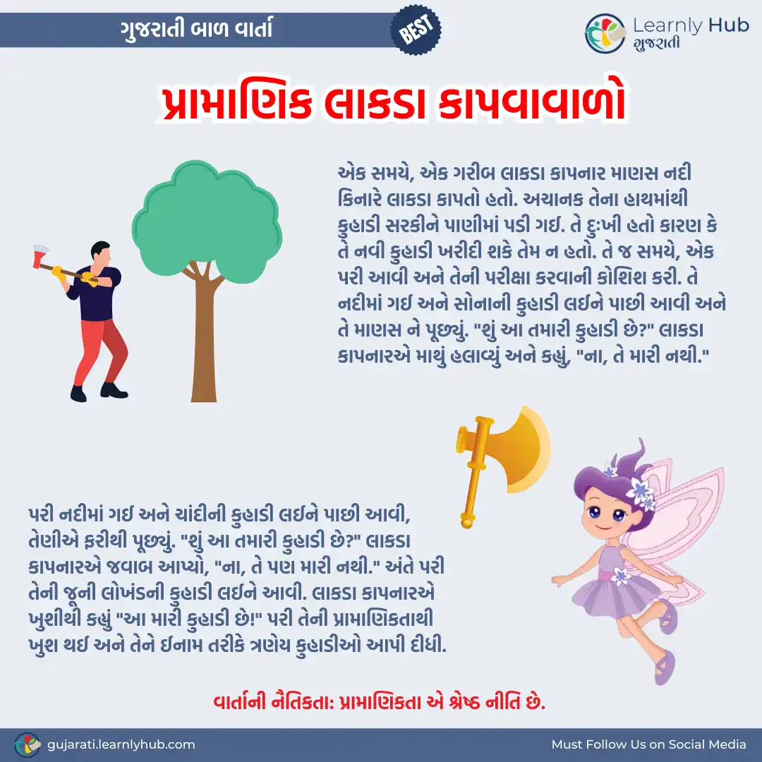 honest woodcutter gujarati bal varta- પ્રામાણિક લાકડા કાપવાવાળો ગુજરાતી બાળ વાર્તા